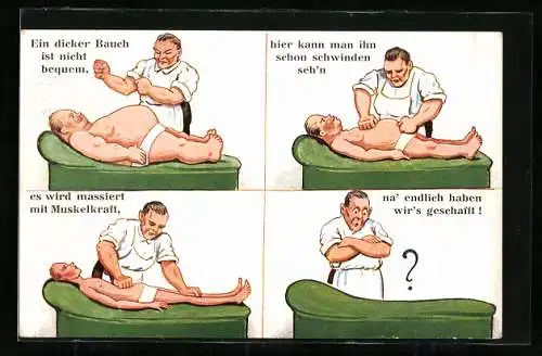 Künstler-AK Masseur verschlankt seinen Klienten, bis er verschwunden ist, Karikatur