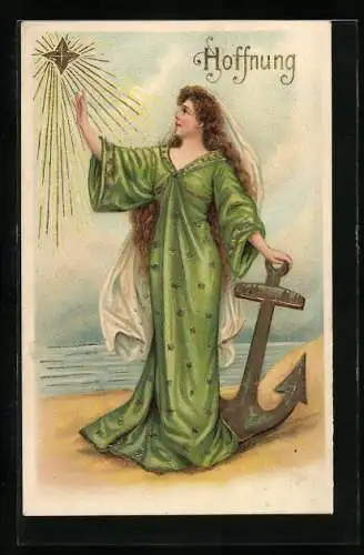 AK Hoffnung, Frau mit Anker greift nach den Sternen