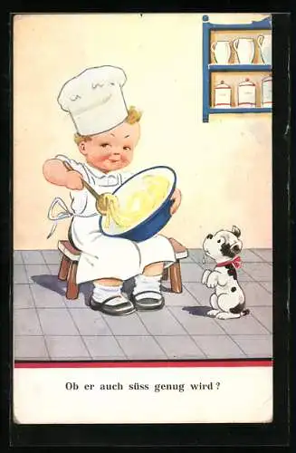 AK Ob er auch süss genug wird?, Kleiner Bäcker rührt Teig
