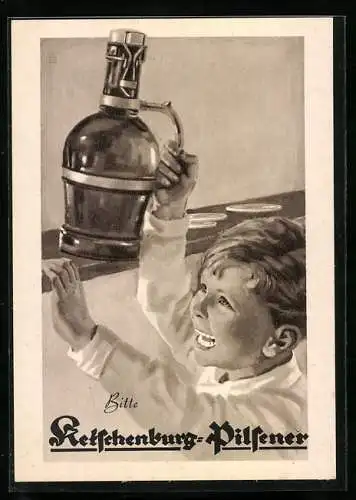 AK Brauerei-Werbung, Ketschenburg-Pilsener, Junge am Tresen mit Bierflasche Für meinen Vati