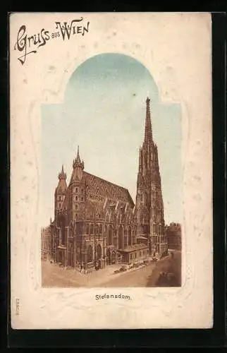 Lithographie Wien, Blick auf den Stefansdom, im geprägten Passepartout