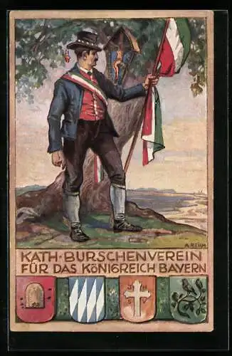 AK Katholischer Burschenverein für das Königreich Bayern, Mann mit Fahne vor Jesuskreuz, Wappen