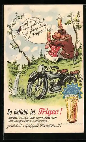 AK Reklame für Frigeo Brause-Pulver, Motorrad-Ausflug ins Grüne