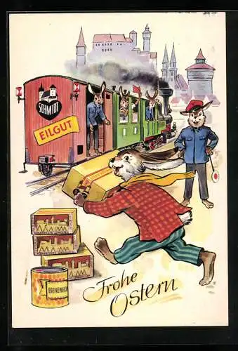 AK Nürnberg, Lebkuchenfabrik Otto Schmidt, Osterhase und Eisenbahn