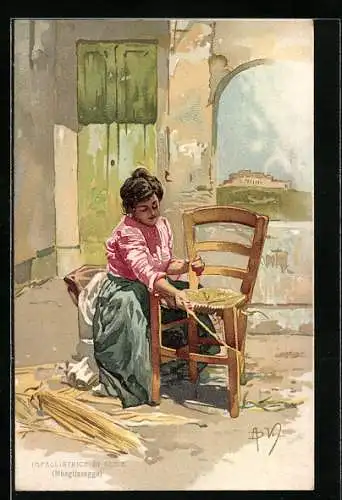 Künstler-AK Neapel / Napoli, Impagliatrice di Sedie, Frau bindet einen Stuhl