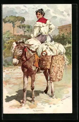 AK Neapel / Napoli, Lavannara, junge Dame sitzt auf einem Esel