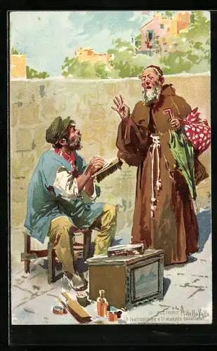Künstler-AK Neapel / Napoli, Geistlicher handelt mit einem Schuhputzer