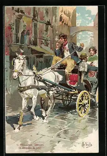 Künstler-AK Il Cocchiere da nolo, Pferdekutsche mit rauchendem Mann