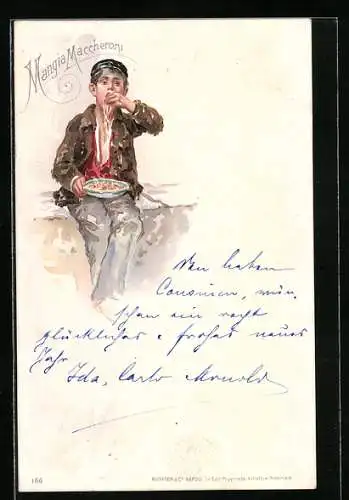 Künstler-AK Neapel / Napoli, Mangia Machheroni, junger Bursche isst Nudeln mit den Händen