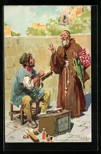 Künstler-AK Neapel / Napoli, Geistlicher handelt mit einem Schuhputzer