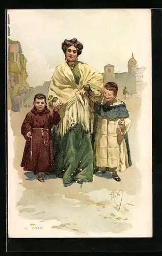 Künstler-AK Neapel / Napoli, Junge Mutter mit ihren zwei Kindern