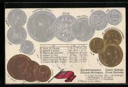 AK Grossbritannien, Münz-Geld, Währungstabelle, Nationalflagge