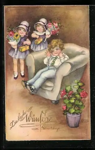 Künstler-AK Hannes Petersen: Kinder mit Blumen und Geburtstagsgeschenken