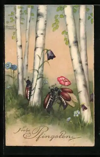 Künstler-AK Hannes Petersen: Maikäfer mit Blumen unter Birken, Pfingstgruss