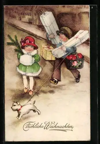 Künstler-AK Hannes Petersen: Kinder tragen Weihnachtsgeschenke