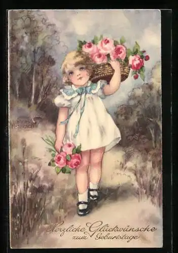 Künstler-AK Hannes Petersen: Kleines Mädchen mit Blumenkorb