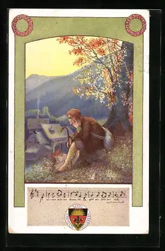 Künstler-AK T. Welzl, Deutscher Schulverein Nr. 99: Deutsche Lieder Nr.20, Wanderer mit Stock am Baum