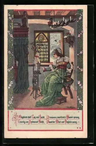 Künstler-AK T. Welzl: Liedtext und junge Frau am Spinnrad