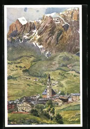 Künstler-AK E.F. Hofecker: AK Deutscher Schulverein Nr. 412: Cortina d`Ampezzo gegen die Tofana