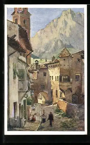 Künstler-AK Kastelruth, Ortspartie mit Schlern