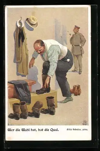 Künstler-AK Felix Schulze: Mann zieht sich Stiefel an