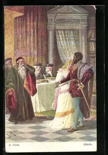 Künstler-AK Fr. Rösler: Verdi, Othello, Mann stellt sich schützend vor eine Frau