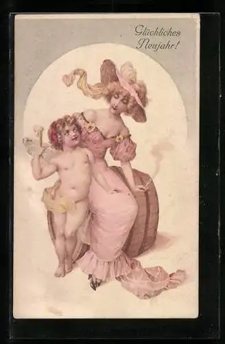 Künstler-AK R. Kratky: Dame mit gefügeltem Kind und Neujahrsgruss