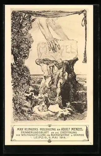 Künstler-AK Leipzig, Weltausstellung für Buchgewerbe u. Graphik 1914, Huldigung an Adolf Menzel