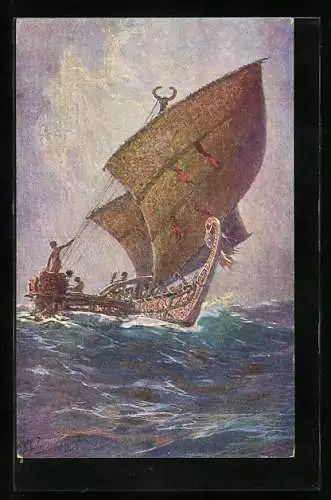 Künstler-AK Hans Bohrdt: Agomes Insel, Südsee, Das letzte Boot, Kolonialkriegerdank