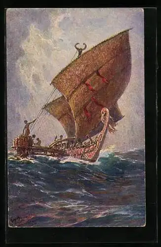 Künstler-AK Hans Bohrdt: Agomes Insel, Südsee, Das letzte Boot, Kolonialkriegerdank