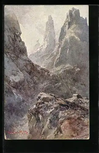 Künstler-AK Edward Theodore Compton: Vajolet-Hütte mit Bergen