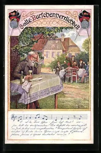 Künstler-AK Ezel: O alte Burschenherrlichkeit, Junge Studenten prosten sich zu