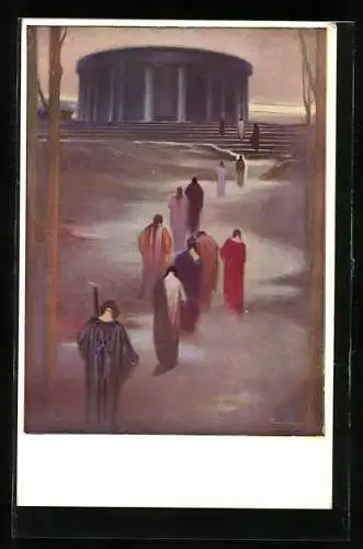 Künstler-AK Ludwig Fahrenkrog: Der Tempel des Schweigens, Menschen auf dem Weg zum Tempel