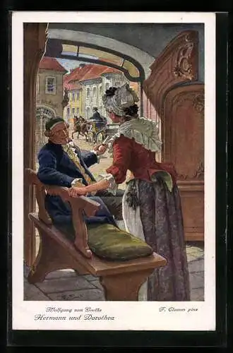 Künstler-AK F. Elssner, Goethe, Hermann und Dorothea, Mann auf Bank