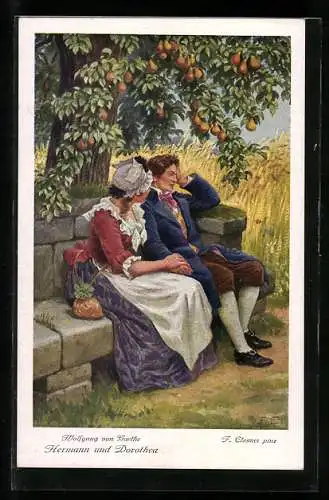Künstler-AK F. Elssner, Goethe, Hermann und Dorothea, Paar sitzt unter Baum