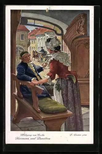 Künstler-AK F. Elssner, Goethe, Hermann und Dorothea, Mann auf Bank