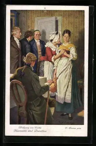 Künstler-AK F. Elssner, Goethe, Hermann und Dorothea, Mann sitzt auf Stuhl