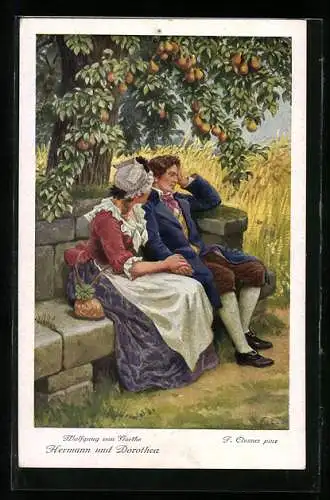 Künstler-AK F. Elssner, Goethe, Hermann und Dorothea, Paar sitzt unter Baum