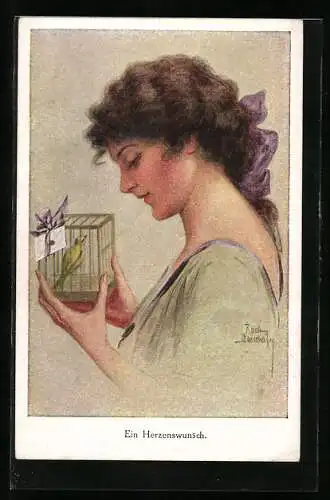 Künstler-AK Ruab Gnischaf: Ein Herzenswunsch, Frau mit Vogel im Käfig