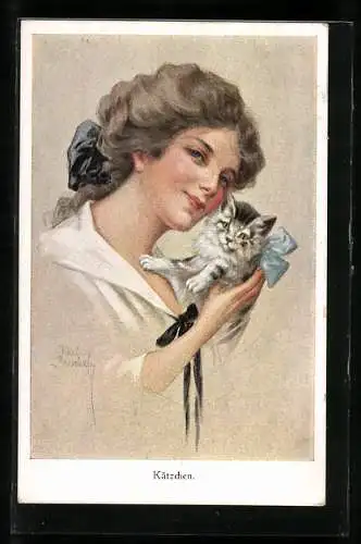 Künstler-AK Ruab Gnischaf: Junge Frau mit einem Kätzchen, Blaue Schleife um den Hals