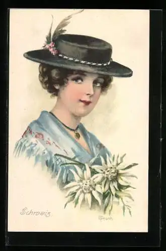 Künstler-AK Elly Frank: Schweiz, ein Mädchen in Tracht mit Federhut, Edelweiss