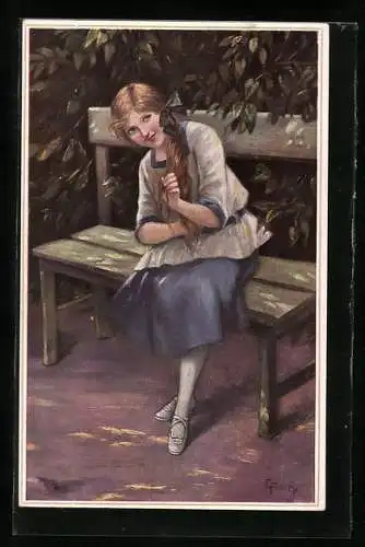Künstler-AK Elly Frank: Hier bin ich!, hübsches Mädel sitzt auf einer Bank