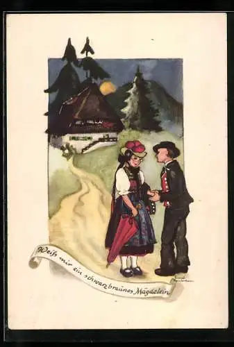 Künstler-AK Liesel Lauterborn: Weih mir mein schwarzbraunes Mägdelein, schwarzwälder Liebespaar in Tracht