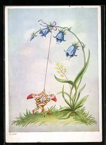 Künstler-AK H.Zahl: Zwei Zwerge ziehen an einer Blume mit blauen Blüten