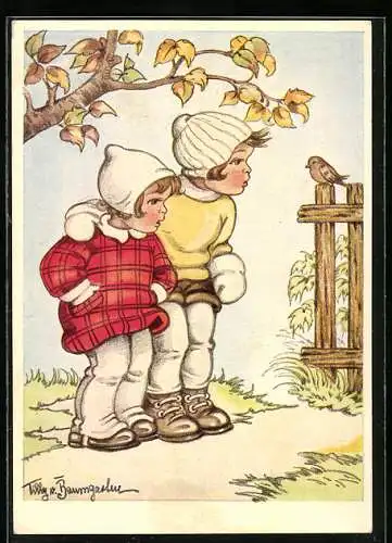 Künstler-AK Tilly von Baumgarten: Uii... ein schönes Vogerl!, zwei Kinder betrachten einen Vogel