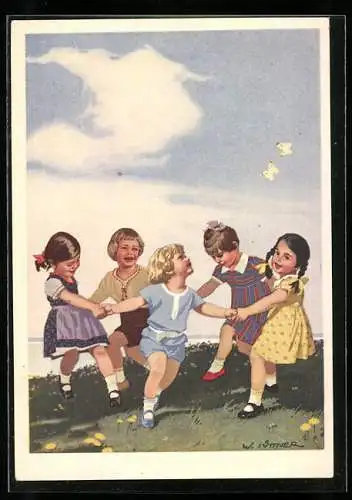 Künstler-AK W.I.: Kinder tanzen den Indanthren-Reigen