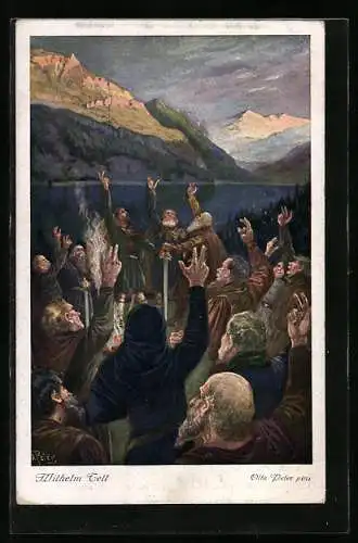 Künstler-AK O. Peter: Wilhelm Tell, 5. Der Schwur auf dem Rütli