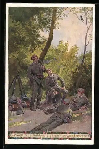 Künstler-AK P. Hey: Soldaten beobachten die Vöglein im Walde