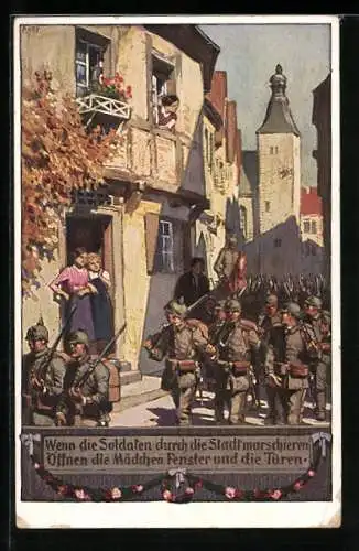 Künstler-AK P. Hey: Nr. 2, Soldaten marschieren durch die Stadt