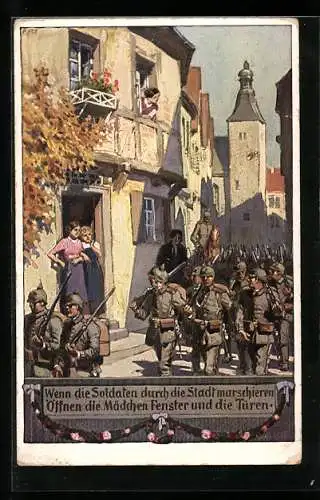 Künstler-AK P. Hey: Nr. 2, Soldaten marschieren durch die Stadt